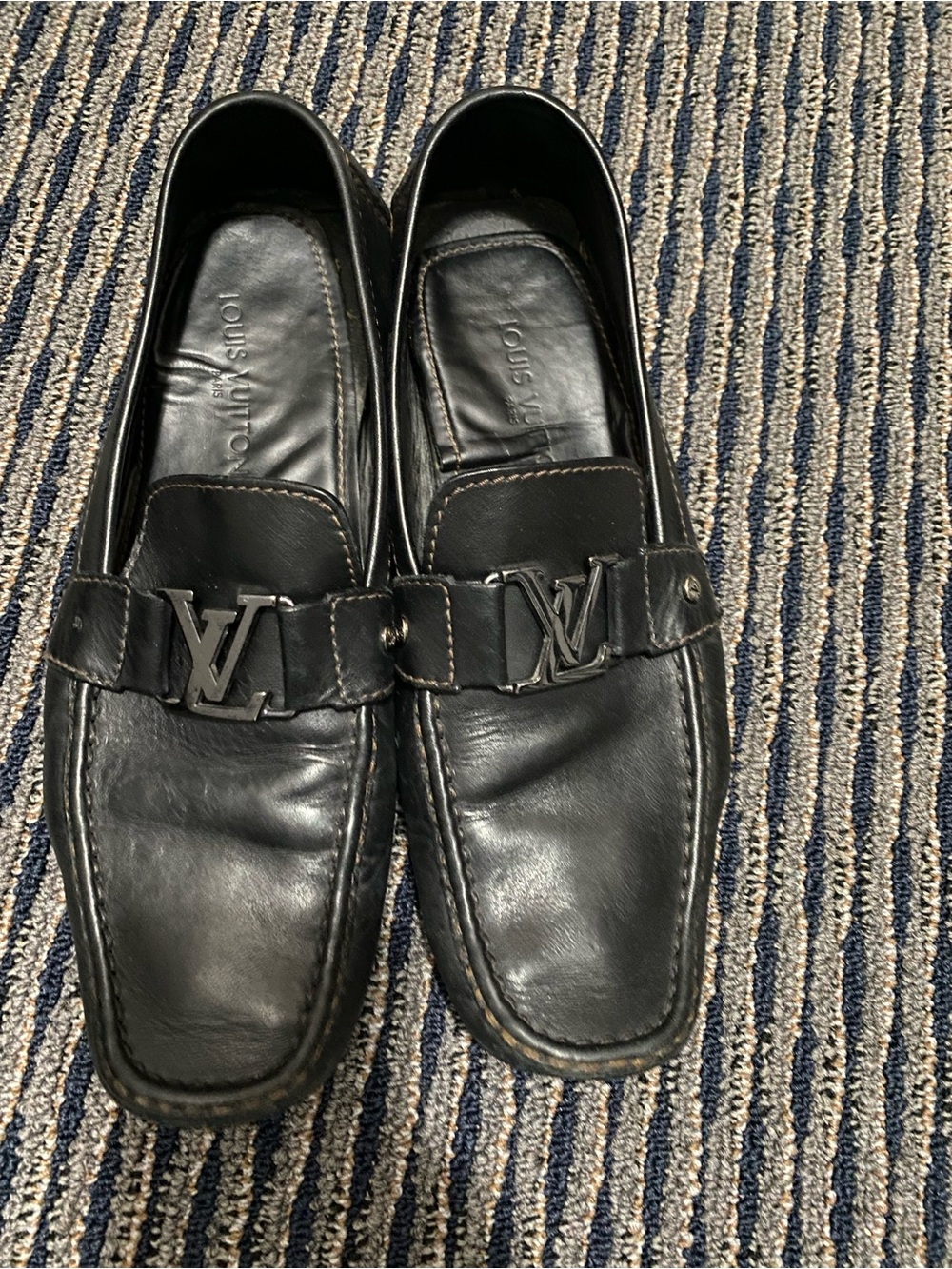 Louis Vuitton Monte Carlo Black Leather LV Logo Slip-On Loafers. Size 12